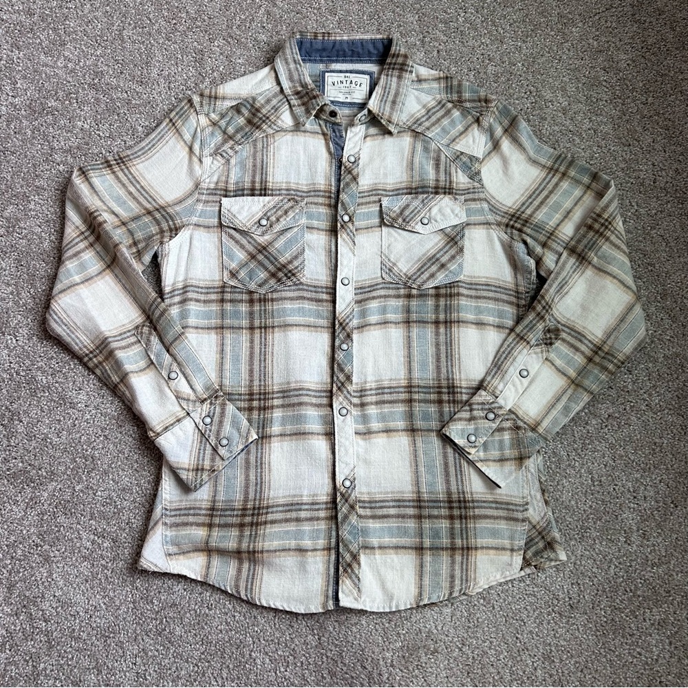 BKE Vintage Tailored Fit Plaid Western Pearl Snap Shirt Mens Medium Cream Blue